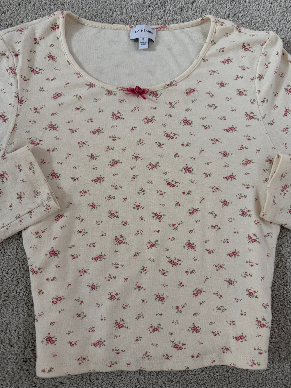La Hearts Cream Long Sleeve Scoop Neck Top with Pink Floral Print